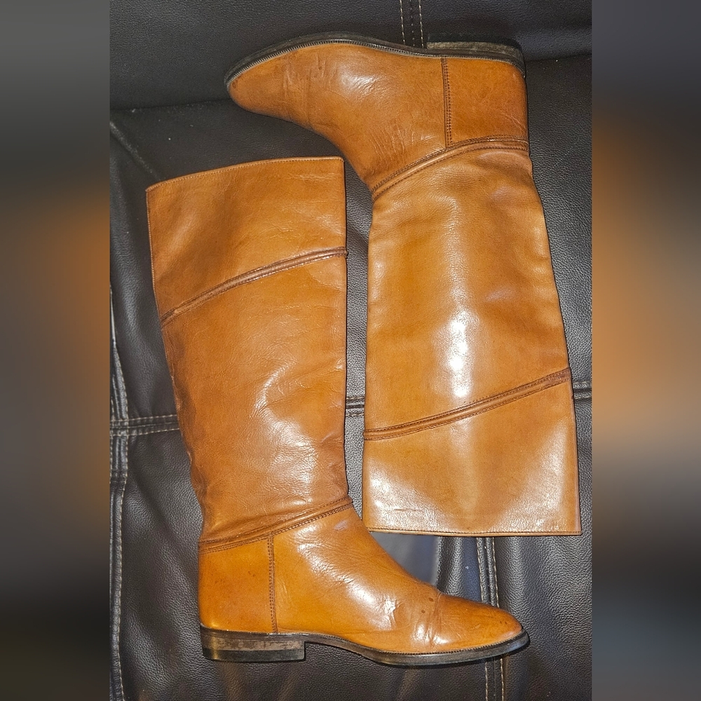 Joan & David Cognac Brown Leather Boots Mid Calf Shoes Made in Italy 36.5